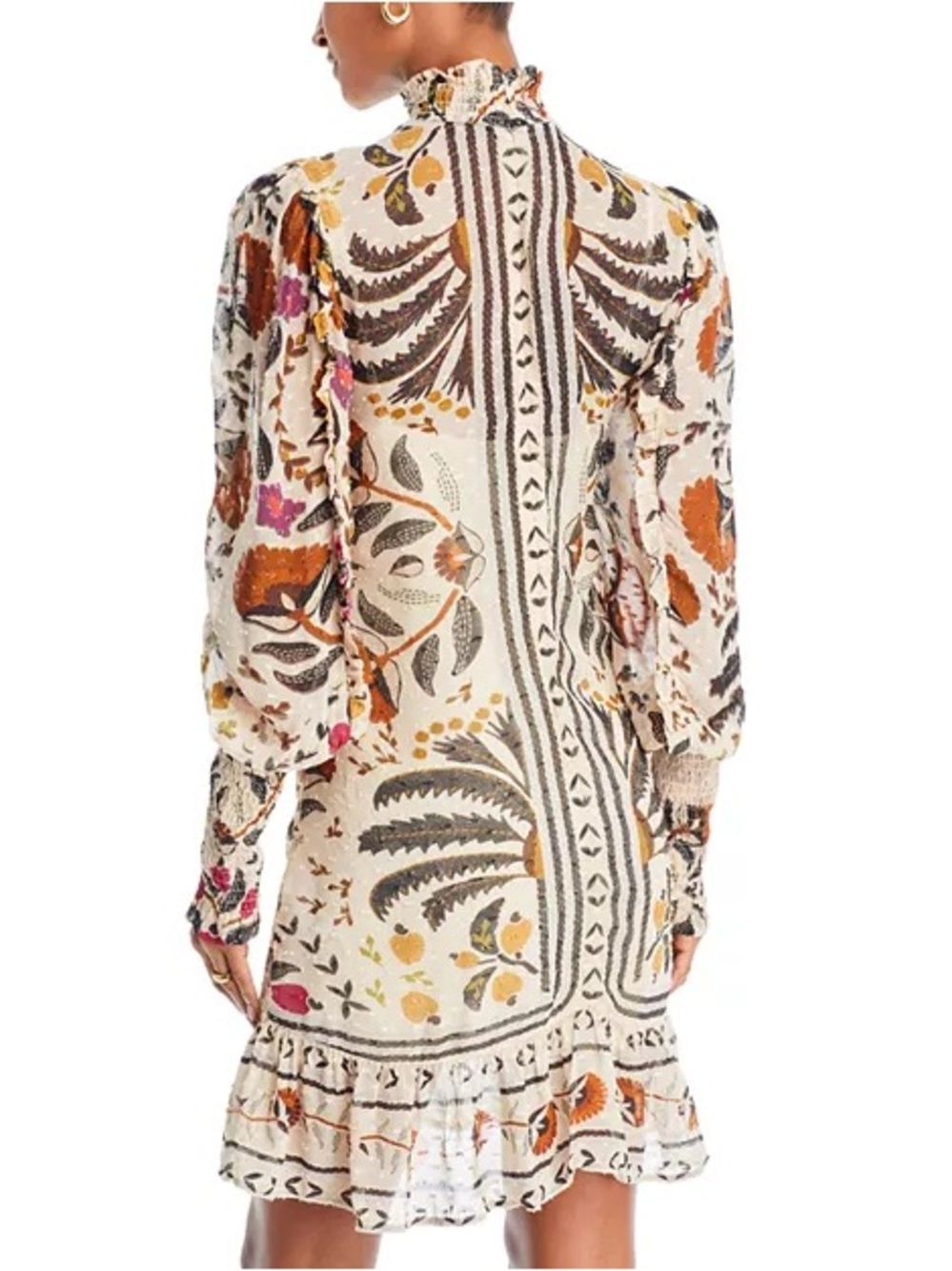 FARM Rio Palms Paradise Cream Floral Smocked High-Neck Long-Sleeve Mini Dress - Picture 3 of 15